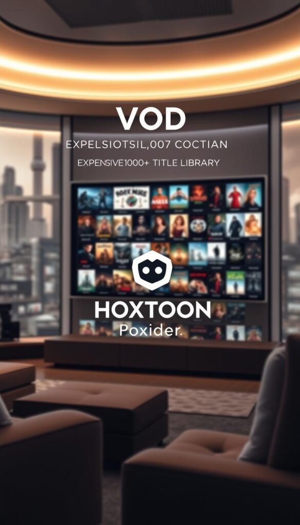 A sleek, modern entertainment hub showcasing the expansive HOXTOON VOD Collection. A sophisticated interface displays rows of movie and TV show thumbnails, inviting viewers to explore the vast 150,000+ title library. Soft, ambient lighting illuminates the scene, creating a cozy, cinematic atmosphere. The Hoxtoon Provider logo is prominently featured, establishing the brand's premium quality and reliable service. The composition emphasizes depth, with the foreground displaying the VOD interface and the background fading into a blurred, abstract cityscape. Elegant camera angles and a high-resolution render quality ensure a visually captivating and immersive experience.