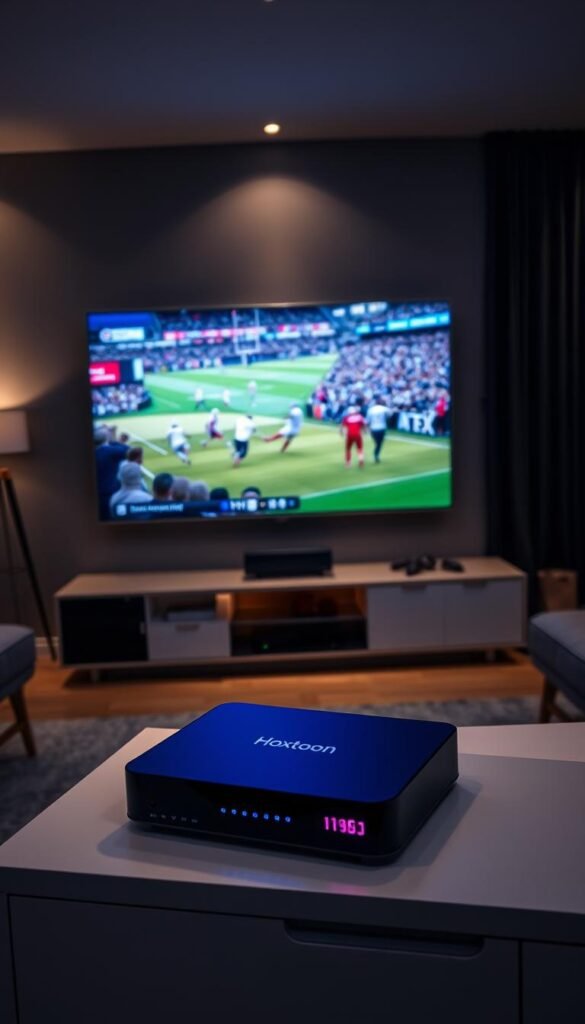 A sleek, modern home entertainment setup featuring a high-tech IPTV streaming device. In the foreground, a Hoxtoon Provider box sits atop a minimalist TV stand, its LED indicators pulsing with activity. The middle ground showcases a large, ultra-high-definition TV screen displaying a live sports event, with crisp, vibrant visuals and smooth motion. The background is a cozy, dimly lit living room, with subtle ambient lighting and clean, contemporary decor, evoking a sense of comfort and immersion. The overall scene conveys the future of sports streaming, where cutting-edge IPTV technology seamlessly blends with high-quality entertainment for a truly elevated viewing experience.