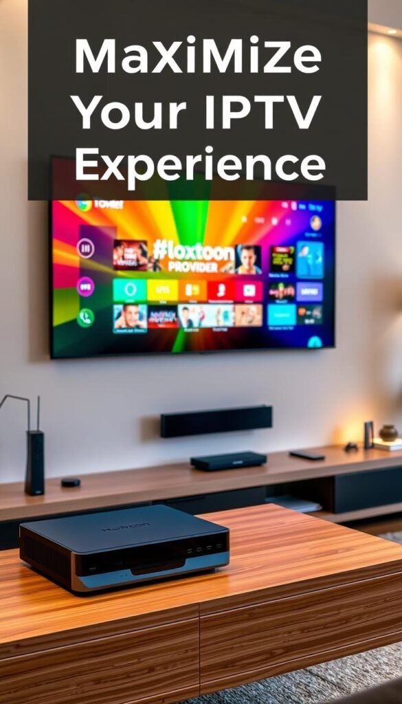 A sleek, modern home entertainment setup featuring a large, high-definition television screen displaying a vibrant, colorful IPTV interface. The screen showcases the Hoxtoon Provider brand, with a clean, intuitive design and a wide selection of streaming content. In the foreground, a state-of-the-art media center or streaming device sits neatly on a minimalist, wooden entertainment console, surrounded by ambient lighting and carefully curated decor. The overall scene conveys a sense of comfort, convenience, and limitless entertainment possibilities, capturing the essence of "Maximizing Your IPTV Experience."