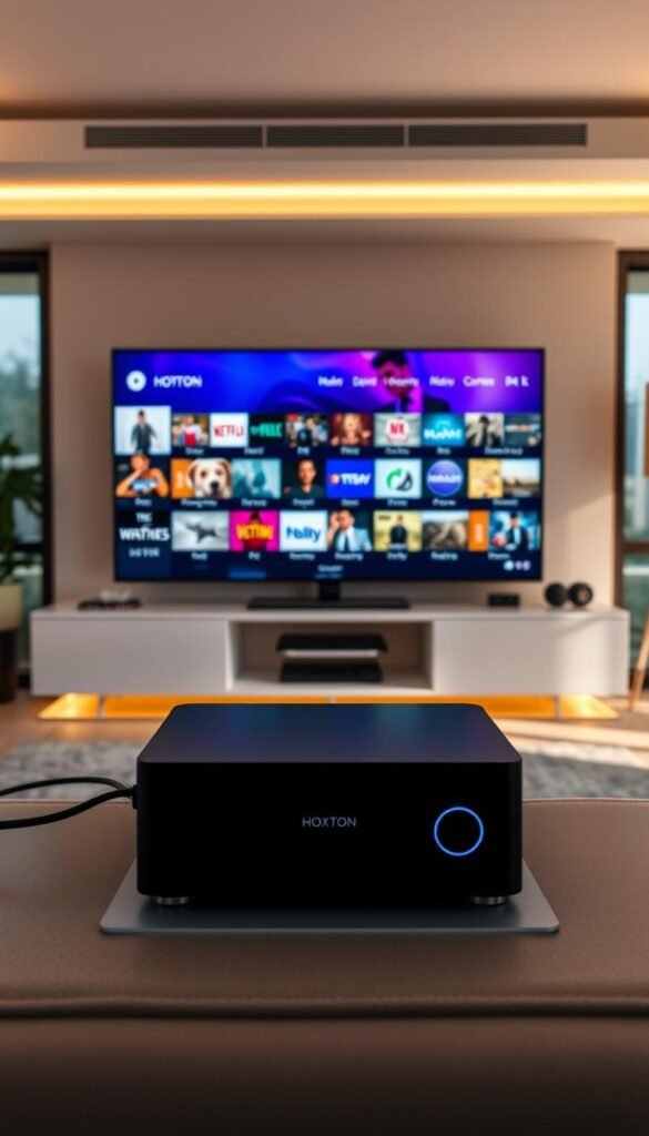 A sleek, modern home entertainment setup featuring a state-of-the-art IPTV system. In the foreground, a high-end TV displays a diverse selection of on-demand content from the Hoxtoon Provider platform, with a clean user interface and vibrant colors. In the middle ground, a minimalist media center houses the IPTV device, surrounded by ambient lighting and elegant decor. The background showcases a stylish living room with large windows, allowing natural light to flood the space and create a warm, inviting atmosphere. The overall scene conveys a sense of seamless connectivity, endless entertainment options, and a premium home viewing experience.