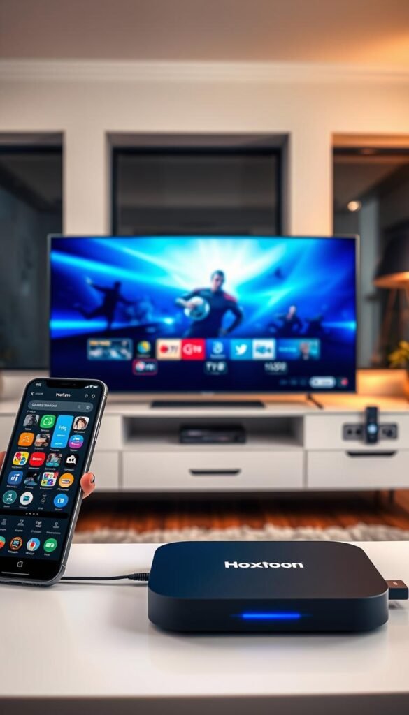 A sleek, modern home entertainment setup featuring multiple devices seamlessly connected to the Hoxtoon Provider IPTV service. In the foreground, a high-end smart TV displays vivid, crystal-clear content. Nearby, a tablet and smartphone showcase the intuitive Hoxtoon app interfaces, allowing users to effortlessly access their favorite channels and on-demand media from anywhere. The middle ground features a minimalist media console, housing a state-of-the-art streaming device and highlighting the Hoxtoon Provider brand. The background showcases a warm, cozy living room setting with abundant natural lighting, creating an inviting atmosphere for immersive viewing experiences.