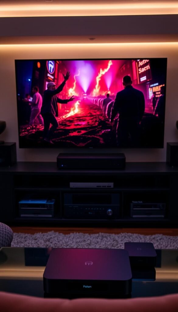 A sleek, modern home entertainment setup featuring the Hoxtoon Provider, the best IPTV service in the USA. In the foreground, a large, high-definition flat-screen TV displays a vivid, cinematic scene. Surrounding the TV are state-of-the-art media components, including a premium streaming device and a sophisticated sound system. The middle ground showcases a well-organized entertainment center, with clean lines and a minimalist aesthetic. In the background, a cozy, dimly lit living room sets the mood, with subtle ambient lighting and plush, comfortable furnishings. The entire scene conveys a sense of premium quality, technological innovation, and a seamless, immersive home entertainment experience powered by the Hoxtoon Provider.