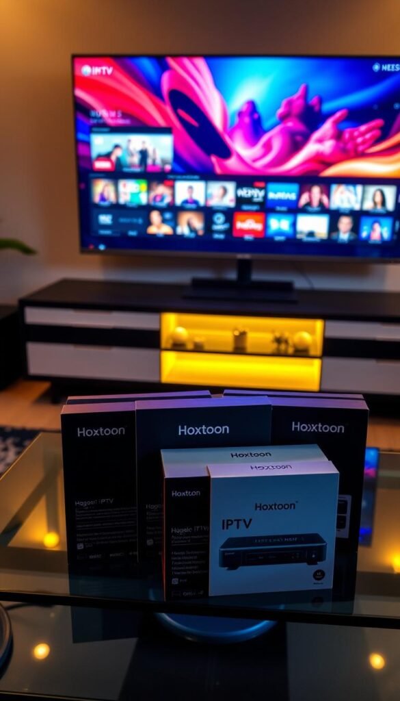 A sleek, modern home entertainment setup showcases an array of IPTV packages offered by the Hoxtoon Provider. The packages are neatly arranged on a glass-topped coffee table, illuminated by warm, indirect lighting that casts a cozy glow. In the background, a large, high-definition television screen displays vibrant, vivid imagery, hinting at the premium streaming content available. The composition emphasizes the convenience and user-friendly nature of Hoxtoon's IPTV services, tailored to meet the diverse needs of modern households seeking a seamless, top-tier streaming experience.