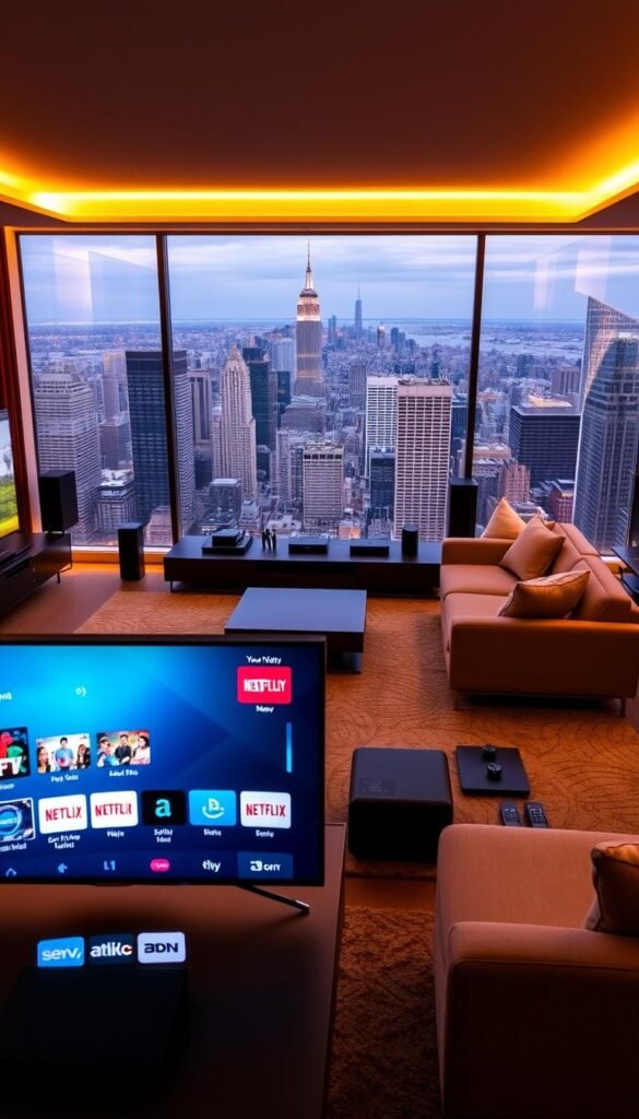 A sleek, modern home entertainment setup showcases the extensive channel library of Hoxtoon Provider. In the foreground, a state-of-the-art television displays a vibrant, high-definition interface with a vast array of channel icons neatly organized. Surrounding the TV, a stylish entertainment center houses various streaming devices and a powerful sound system, all bathed in a warm, ambient lighting. In the middle ground, a comfortable living room setting with plush sofas and a coffee table invites viewers to relax and immerse themselves in the vast content selection. The background reveals a panoramic window overlooking a bustling city skyline, creating a sense of urban sophistication. The overall scene conveys the convenience, quality, and extensive options that Hoxtoon Provider offers for a premium IPTV experience.