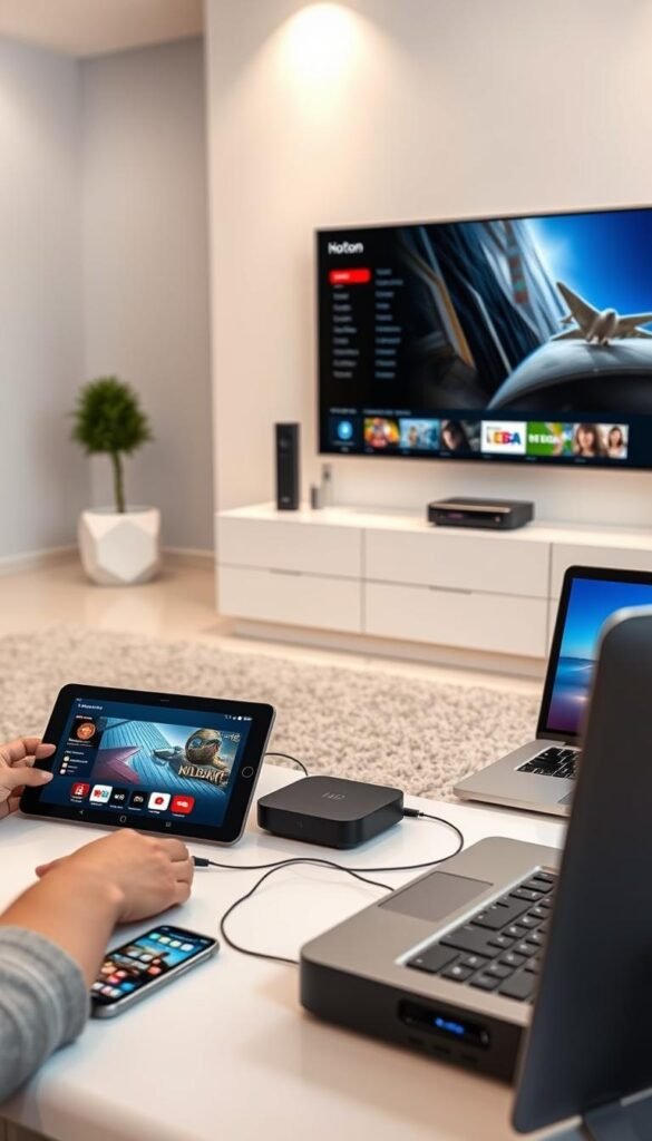 A sleek, modern home entertainment setup showcasing a variety of devices seamlessly connected to the Hoxtoon Provider IPTV service. In the foreground, a state-of-the-art smart TV displays crisp, high-definition content. Surrounding it, a tablet, smartphone, and laptop showcase the multi-device compatibility, allowing users to stream on up to 6 devices simultaneously. The middle ground features a cable box and a streaming device, highlighting the diverse options for accessing the Hoxtoon IPTV service. In the background, a minimalist, well-lit living room setting creates a cozy, inviting atmosphere for an immersive viewing experience. The overall scene conveys the ease and convenience of the Hoxtoon Provider's IPTV solution, catering to the modern, tech-savvy household.