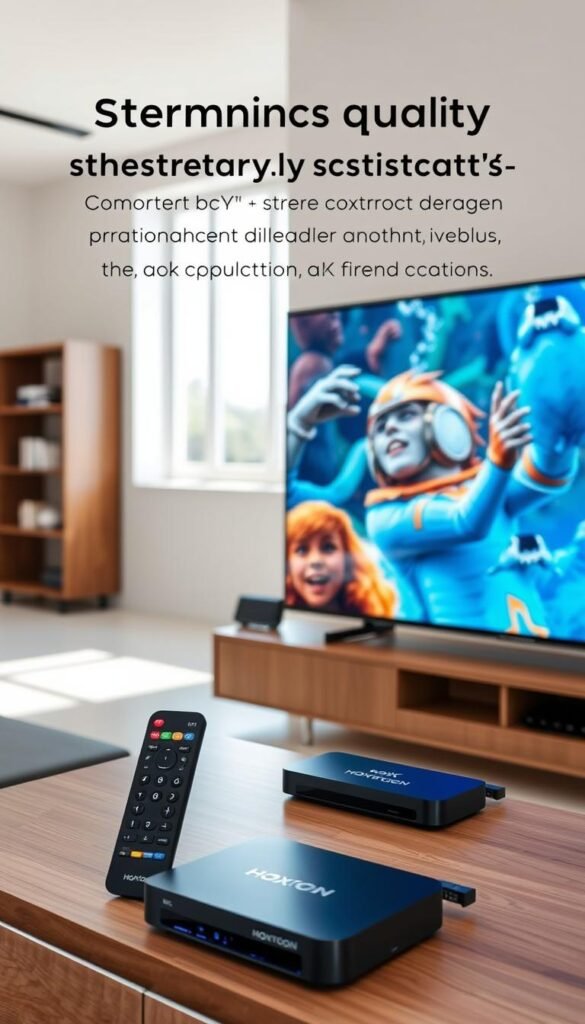 A sleek, modern home entertainment setup showcasing the streaming quality options of the Hoxtoon Provider. In the foreground, a high-end 4K television displays vivid, crystal-clear imagery. On a minimalist entertainment console, a streaming device with the Hoxtoon Provider logo stands ready to deliver the best HD and 4K content. The middle ground features various remote controls, highlighting the convenience of the Hoxtoon ecosystem. The background is a minimalist, well-lit room with large windows, evoking a sense of sophistication and technology-forward living.