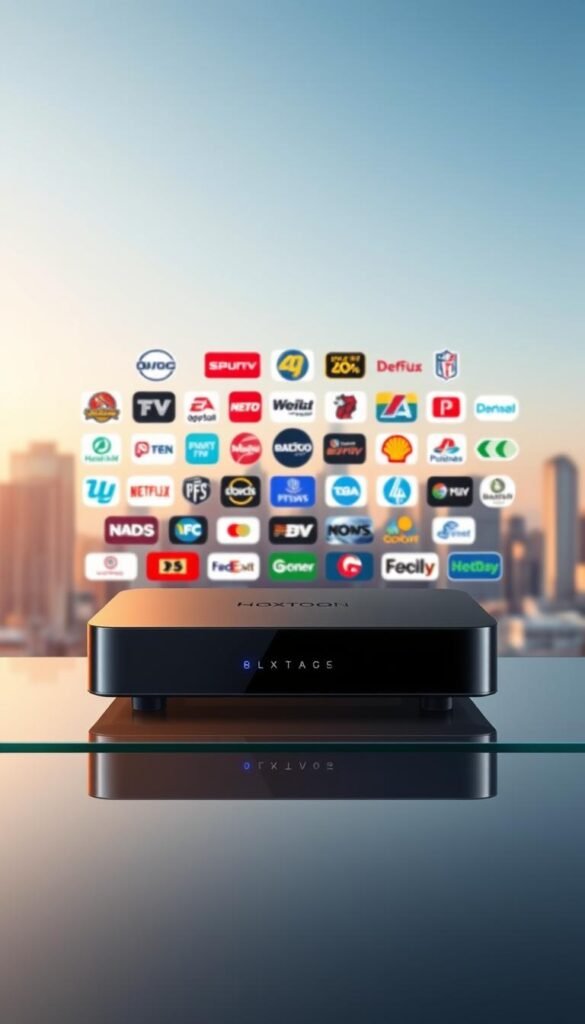 A sleek, modern illustration of the Hoxtoon Provider IPTV service. In the foreground, a state-of-the-art streaming device with a clean, minimalist design sits atop a glass surface, reflecting the vibrant colors of the user interface displayed on its screen. The device is bathed in a warm, directional light, casting subtle shadows that emphasize its refined aesthetic. In the middle ground, an array of popular sports channels' logos are artfully arranged, conveying the breadth of Hoxtoon's unparalleled content offering. The background features a soft, blurred cityscape, hinting at the service's nationwide availability and the user's ability to access premium entertainment anywhere. The overall composition strikes a balance between technological sophistication and the thrill of live sports, perfectly encapsulating Hoxtoon Provider's position as the leading IPTV provider in the USA.