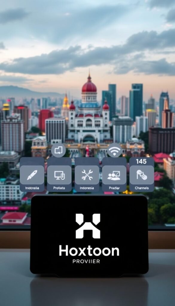 A sleek, modern illustration of the "IPTV Indonesia Premium" service, showcasing its features and quality. The foreground depicts the Hoxtoon Provider brand prominently, with a clean, minimalist logo and design. The middle ground features various IPTV icons and graphics, highlighting the range of content and channels available. The background presents a vibrant, dynamic cityscape of Indonesia, conveying the local context and appeal of the service. Soft lighting and a slightly desaturated color palette create a professional, premium atmosphere. The overall composition is balanced, with a clear focus on the Hoxtoon Provider brand and the IPTV service offering.