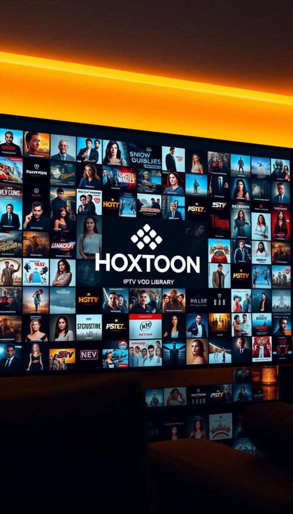 A sleek, modern interface displaying the expansive HOXTOON IPTV VOD Library. In the center, a vast grid of thumbnails showcases the impressive 150,000+ on-demand titles, ranging from the latest blockbusters to classic TV shows. The Hoxtoon Provider logo prominently displayed, signaling the quality and breadth of content available. Warm, ambient lighting illuminates the scene, creating a cozy, inviting atmosphere for the viewer to explore the extensive VOD catalog. The camera angle slightly elevated, capturing the depth and scale of the library, enticing the user to dive into the world of on-demand entertainment.