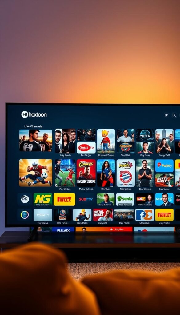 A sleek, modern interface showcasing the Hoxtoon Provider IPTV channel lineup. Minimalist design with clean typography and vibrant channel icons. A dynamic grid layout displays an expansive selection of live TV channels, movies, and sports events. Warm, inviting lighting casts a subtle glow, creating a comfortable viewing experience. The interface is navigated effortlessly with a smooth, responsive user experience. Subtly blurred background creates depth, placing the channel selection in the forefront. An intuitive, user-friendly design that makes exploring the IPTV premium list a pleasure.