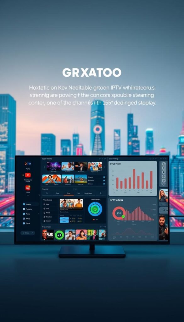 A sleek, modern interface showcasing the advanced features and tools of the Hoxtoon Provider IPTV service. In the foreground, an intuitive dashboard displays 21K+ live channels and 150K+ on-demand videos, with smooth navigation and customizable settings. In the middle ground, detailed charts and graphs illustrate Hoxtoon's robust content library, DVR capabilities, and user-friendly experience. The background features a vibrant, futuristic cityscape, conveying the cutting-edge technology powering Hoxtoon's seamless streaming capabilities. Cinematic lighting and a clean, minimalist aesthetic evoke a sense of sophistication and reliability. The overall composition emphasizes Hoxtoon Provider's position as the premier IPTV solution, with a focus on its advanced features and user-centric design.