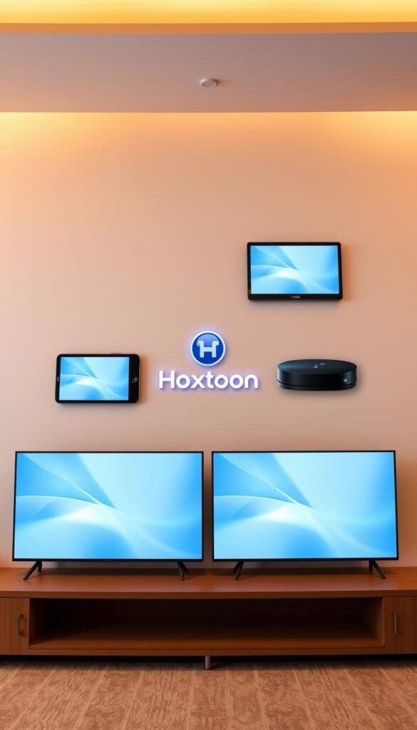 A sleek, modern interface showcasing the multi-device compatibility of the Hoxtoon Provider IPTV service. The display features six different screens, each depicting a popular streaming device - a smart TV, a tablet, a smartphone, a laptop, a gaming console, and a streaming box. The screens are arranged in a visually striking grid layout, with a clean, minimalist aesthetic. The Hoxtoon logo is prominently displayed, conveying the brand's premium quality and reliable service. The scene is illuminated by warm, soft lighting, creating a welcoming and inviting atmosphere. The overall composition emphasizes the versatility and convenience of the Hoxtoon IPTV platform, allowing users to seamlessly enjoy their favorite content across multiple devices.