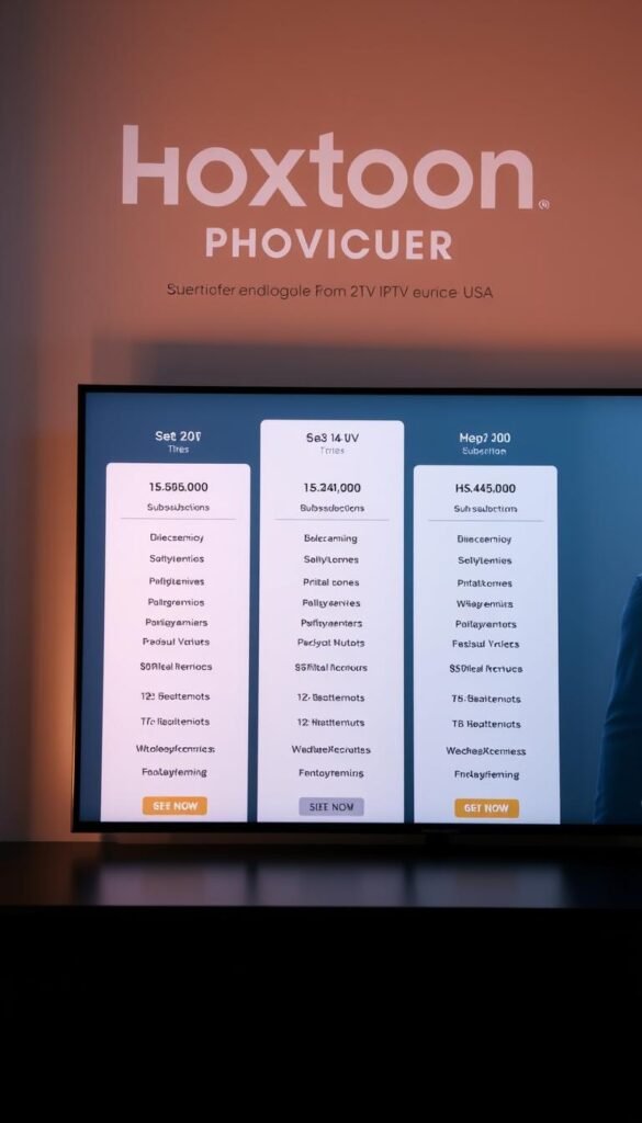 A sleek, modern interface showcasing the subscription plans of Hoxtoon Provider, a leading 4K IPTV service in the USA. The layout features clean typography, clear pricing details, and intuitive iconography against a subtle gradient background. The overall design conveys a sense of professionalism and reliability. The image is captured with a high-quality camera lens, using soft, directional lighting to create depth and highlight the key information. The composition places the subscription tiers in the foreground, with the Hoxtoon Provider branding subtly integrated in the background.