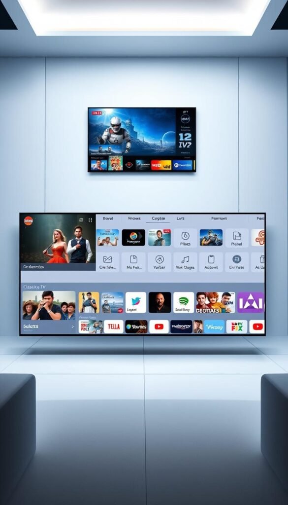 A sleek, modern interface with a clean, intuitive layout showcasing the Hoxtoon Provider IPTV service. In the foreground, a large, high-definition video player displays a range of on-demand content, from the latest blockbusters to classic TV shows. The middle ground features a neatly organized menu system, with icons and labels guiding the user through the vast library of live channels, catch-up TV, and other premium features. The background depicts a minimalist, tech-inspired environment, with subtle lighting and geometric patterns creating a sense of sophistication and user-friendliness. The overall impression is one of a seamless, responsive, and visually striking IPTV experience that caters to the modern viewer's needs.