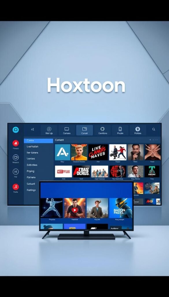 A sleek, modern interface with the Hoxtoon Provider logo prominently displayed on a clean, minimalist dashboard. The layout features intuitive navigation menus, crisp icons, and a sophisticated color palette of blues and grays. In the foreground, a large display showcases the various content categories, while the middle ground features a neatly arranged grid of thumbnails for popular live channels and on-demand titles. The background subtly incorporates abstract geometric patterns, creating a sense of depth and visual interest. The overall atmosphere is one of a user-friendly, high-quality IPTV platform that prioritizes an exceptional viewing experience.