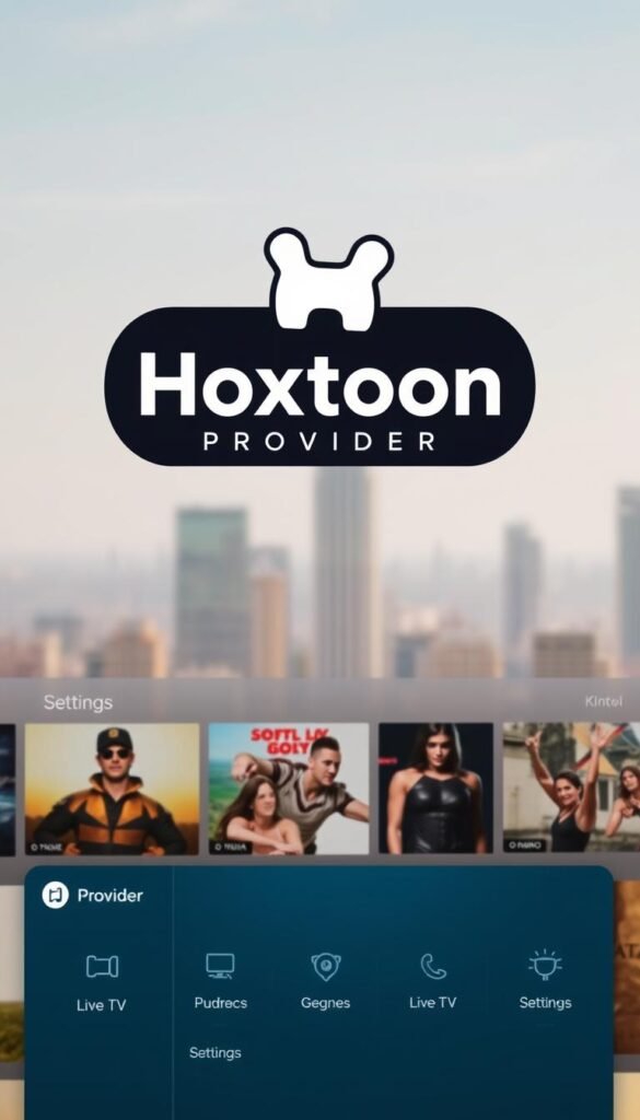 A sleek, modern interface with the Hoxtoon Provider logo prominently displayed. In the foreground, a user-friendly navigation menu with options for live TV, on-demand content, and settings. The middle ground showcases a variety of genre-specific tiles, inviting the viewer to explore the vast library of streaming options. The background features a subtle, blurred cityscape, conveying a sense of urban sophistication. The overall scene is bathed in a warm, natural lighting, creating a welcoming and visually appealing atmosphere.