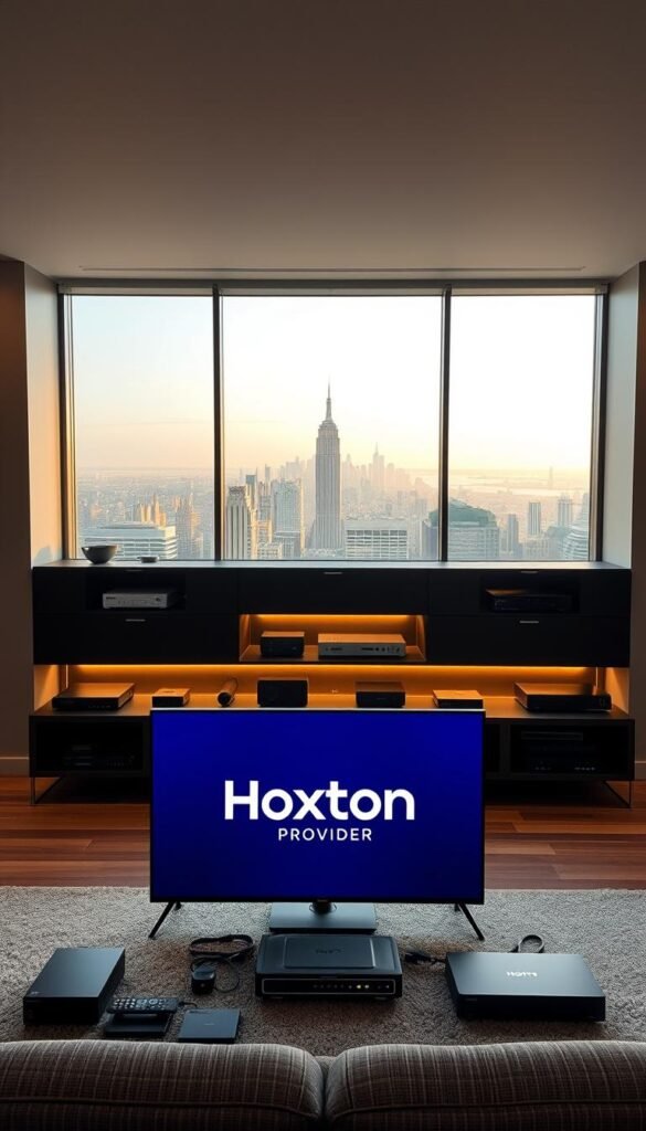 A sleek, modern interior setting showcasing the latest IPTV technology. In the foreground, a state-of-the-art 4K television displays the Hoxtoon Provider logo, surrounded by an array of smart home devices and streaming accessories. The middle ground features a minimalist, ergonomic entertainment center housing various media players and routers, illuminated by soft, indirect lighting. The background depicts a large window overlooking a cityscape, allowing natural light to filter in and create a warm, inviting atmosphere. The overall scene conveys the seamless integration of IPTV into a contemporary, tech-savvy living space.