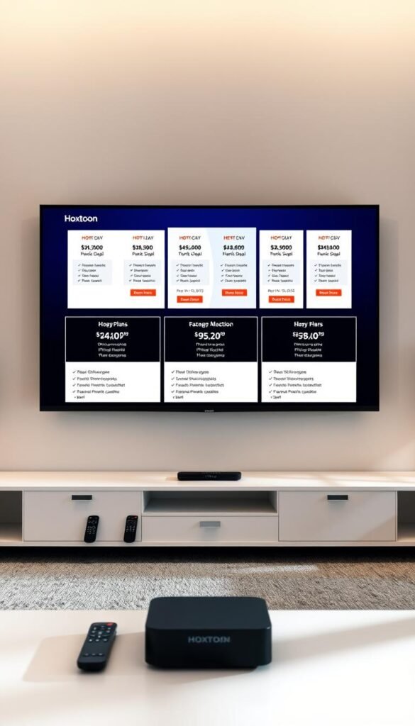 A sleek, modern interior with a large flatscreen display showcasing various IPTV subscription plans from the Hoxtoon Provider. The foreground features a minimalist table with remote controls and a stylish device, perhaps a streaming box or smart TV. The middle ground presents neatly organized IPTV plan options, each with clear pricing and feature details. The background is a soft, neutral-toned wall, creating a professional, elegant atmosphere. Dramatic studio lighting casts subtle shadows, accentuating the clean, premium design. The overall composition emphasizes the flexibility and premium quality of Hoxtoon's IPTV subscription offerings.