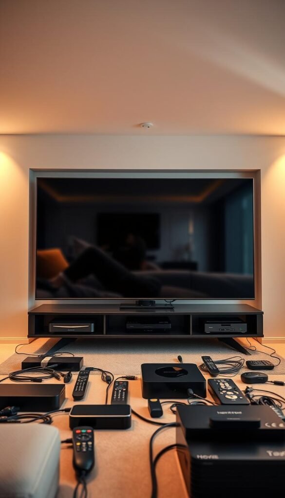 A sleek, modern interior with a large, high-definition television screen prominently displayed. The screen is surrounded by an array of various streaming device remotes, cables, and other equipment associated with a premium IPTV service like Hoxtoon Provider. The lighting is warm and inviting, casting a soft glow on the scene. The overall composition emphasizes the centrality and importance of the television and its associated devices, reflecting the section's focus on enhancing the HOXTOON viewing experience with additional equipment.