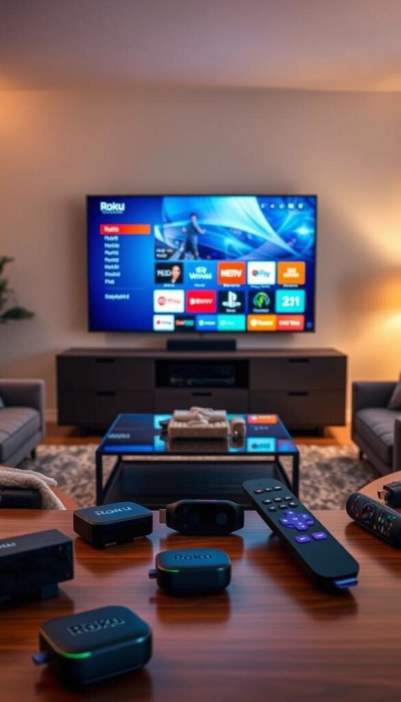 A sleek, modern living room with a Roku TV prominently displayed, showcasing the Hoxtoon Provider IPTV service. The TV screen is illuminated, displaying a vibrant, visually stunning interface with intuitive navigation. In the foreground, various Roku streaming devices are arranged, highlighting the multi-device compatibility of the Hoxtoon Provider service. The room is bathed in warm, soft lighting, creating a cozy and inviting atmosphere. The middle ground features a stylish entertainment center, accentuating the integration of the Roku TV and IPTV service. The background depicts a minimalist, contemporary decor, emphasizing the seamless and sophisticated nature of the Hoxtoon Provider IPTV experience.