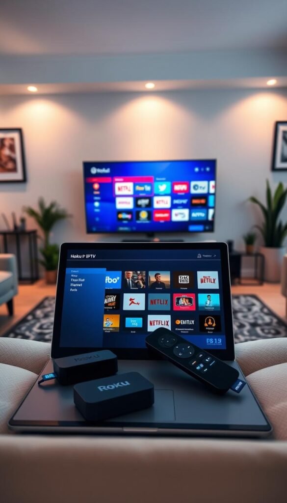 A sleek, modern living room with a Roku TV set prominently displayed. Soft, warm lighting illuminates the scene, creating a cozy and inviting atmosphere. In the foreground, a laptop or tablet showcases the intuitive Hoxtoon Provider IPTV interface, highlighting its user-friendly design and comprehensive channel selection. The middle ground features a variety of streaming devices, including a Roku box, all neatly arranged to convey the convenience of the Hoxtoon IPTV service. In the background, subtle details like framed artwork and potted plants add depth and character to the space, reflecting the high-quality and reliable nature of the Hoxtoon Provider IPTV service.