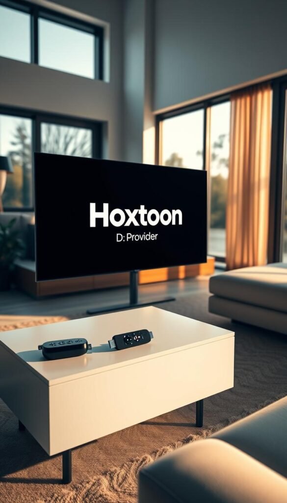 A sleek, modern living room with a Roku device prominently displayed on a minimalist entertainment center. The room is bathed in warm, natural lighting from large windows, creating a cozy and inviting atmosphere. On the Roku device's screen, the "Hoxtoon Provider" logo is displayed, showcasing the seamless integration of this premier IPTV service. The room's decor is stylish and uncluttered, reflecting the simplicity and ease of use of the Hoxtoon IPTV platform. The overall scene conveys a sense of comfort, technology, and the convenience of accessing a vast library of live TV channels and on-demand content through the Roku device powered by Hoxtoon.