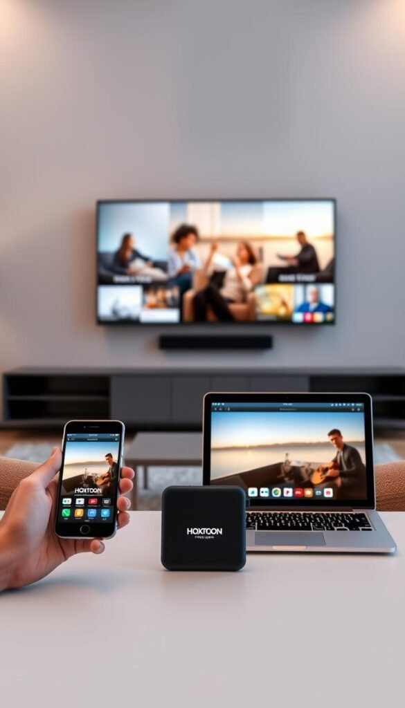 A sleek, modern living room with a large 4K TV mounted on the wall. In the foreground, multiple devices are seamlessly connected and streaming different content - a smartphone, a tablet, and a laptop. The devices showcase the Hoxtoon Provider logo, highlighting the multi-device capabilities. The room is illuminated by warm, soft lighting, creating a cozy and inviting atmosphere. The background features a minimalist, clean design with subtle textures and neutral colors, allowing the technology to take center stage. The overall scene conveys the ease and convenience of Hoxtoon Provider's multi-device streaming experience.