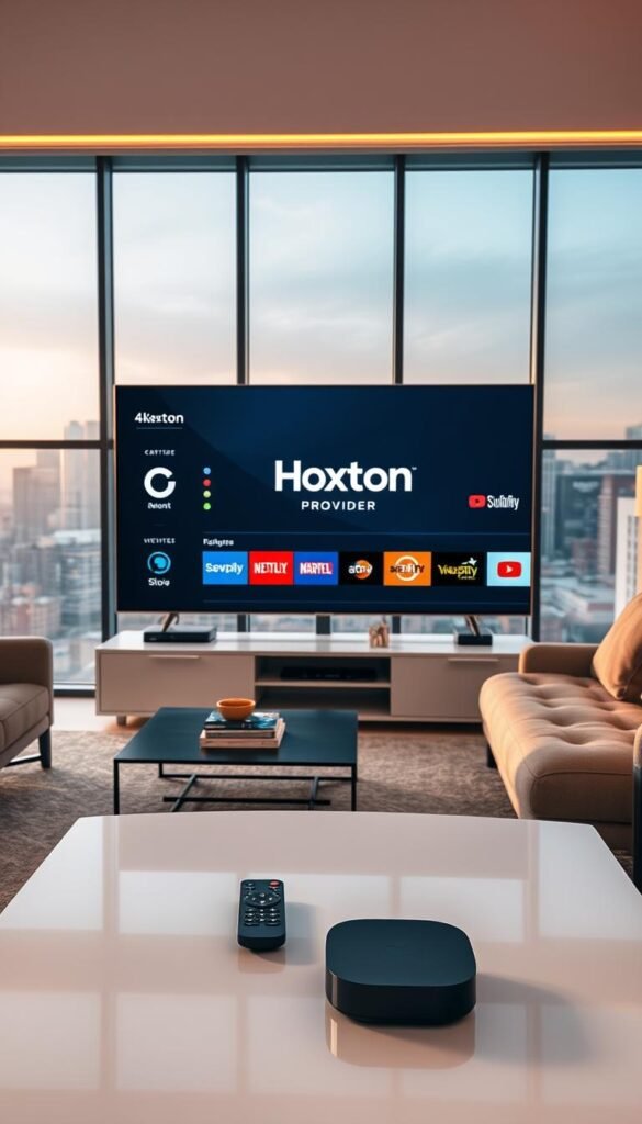 A sleek, modern living room with a large 4K TV screen displaying various streaming services logos, including the prominent "Hoxtoon Provider" brand. The room is bathed in warm, soft lighting, creating a cozy and inviting atmosphere. In the foreground, a smart remote control and a streaming device sit on a minimalist coffee table, hinting at the seamless integration of technology. The middle ground features a comfortable sofa and armchair, suggesting a setting for immersive home entertainment. The background showcases floor-to-ceiling windows, providing a scenic view of a bustling cityscape, symbolizing the digital transformation of the modern TV experience.