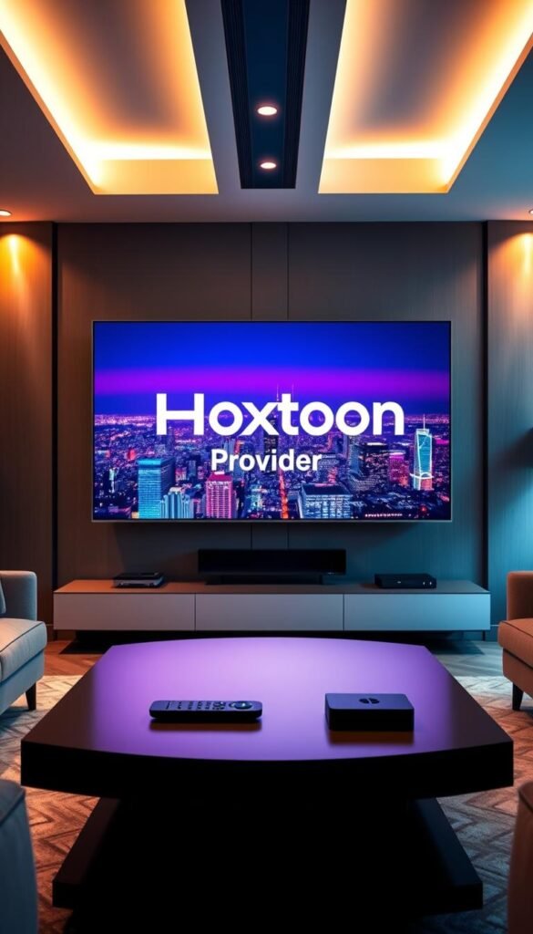 A sleek, modern living room with a large TV screen displaying the Hoxtoon Provider logo against a backdrop of a vibrant cityscape. The room is bathed in warm, soft lighting, creating a cozy and inviting atmosphere. In the foreground, a coffee table with a remote control and a streaming device emphasize the ease of use and convenience of the Hoxtoon IPTV service. The room is furnished with contemporary, minimalist furniture, reflecting the premium and sophisticated nature of the service. The cityscape in the background suggests the global reach and accessibility of Hoxtoon's IPTV offerings. The overall scene conveys a sense of elevated entertainment and seamless streaming experience.