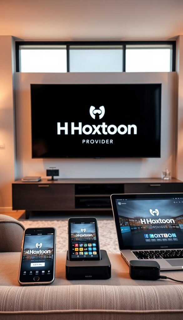 A sleek, modern living room with a large TV screen displaying the Hoxtoon Provider logo. In the foreground, a variety of devices including a smartphone, tablet, and laptop are arranged, all connected and streaming content. The room is well-lit, with warm, natural lighting filtering in through large windows. The overall atmosphere conveys a sense of seamless, multi-device connectivity and entertainment. The scene emphasizes the versatility and convenience of the Hoxtoon Provider's streaming service across multiple platforms.