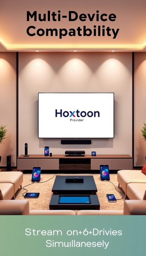 A sleek, modern living room with a large TV screen in the center, showcasing the Hoxtoon Provider logo. Surrounding the TV are various smart devices like smartphones, tablets, and laptops, all connected and synchronized, illustrating the multi-device compatibility of the Hoxtoon service. The room is well-lit, with warm, diffused lighting creating a cozy, inviting atmosphere. The devices are arranged in a visually appealing, symmetrical layout, emphasizing the seamless integration of the Hoxtoon ecosystem. The overall scene conveys a sense of technology, entertainment, and convenience, perfectly capturing the "Multi-Device Compatibility: Stream on 6+ Devices Simultaneously" concept.