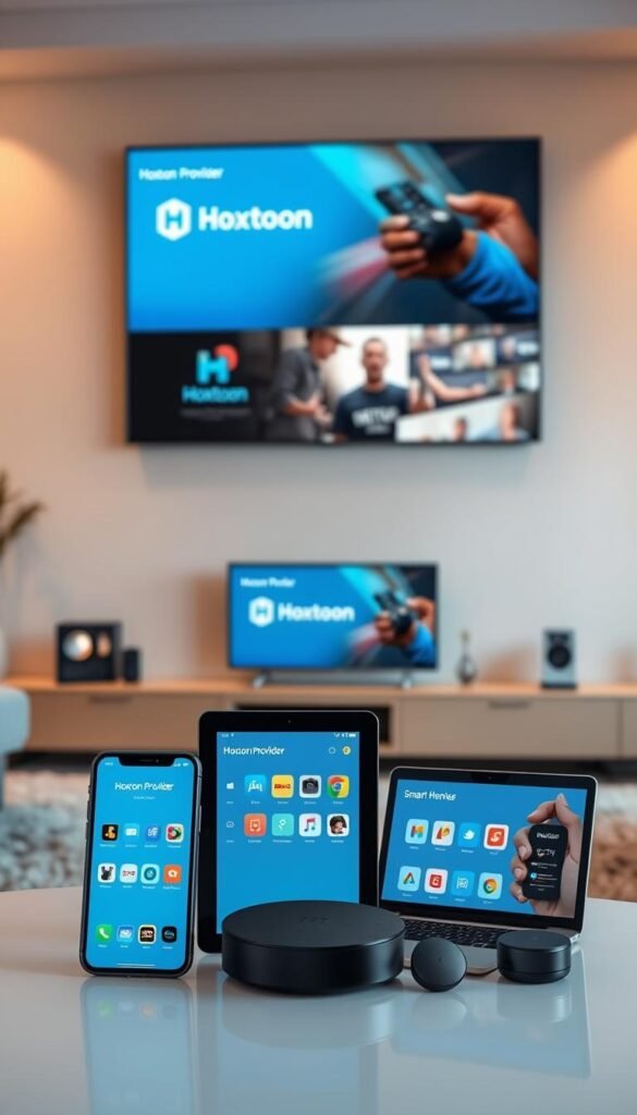 A sleek, modern living room with a large TV screen on the wall showcasing the Hoxtoon Provider IPTV service. In the foreground, an array of devices - a smartphone, tablet, laptop, and smart home hub - each displaying the Hoxtoon Provider interface, highlighting its multi-device compatibility. The room is bathed in warm, soft lighting, creating a cozy and inviting atmosphere. The walls feature minimalist decor, emphasizing the technology on display. The overall scene conveys the ease and flexibility of accessing premium IPTV content across a variety of devices, seamlessly integrated into the user's living space.
