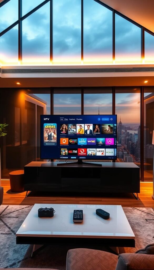 A sleek, modern living room with a large, flat-screen TV at the center. On the screen, a crisp, high-definition display of the Hoxtoon Provider IPTV interface, showcasing a wide selection of movies, TV shows, and live channels. The room is illuminated by warm, ambient lighting, casting a cozy glow. In the foreground, a stylish coffee table with a remote control and a smart home device, hinting at the seamless integration of IPTV technology into the everyday home environment. The middle ground features a comfortable sofa, adding to the inviting atmosphere. The background depicts a panoramic window, offering a scenic view of a bustling city skyline, symbolizing the global reach and accessibility of IPTV streaming.