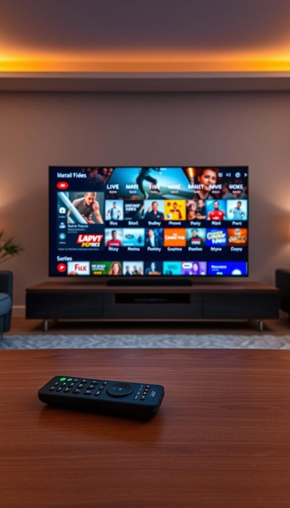 A sleek, modern living room with a large flat-screen TV displaying a vibrant, high-definition IPTV interface. The screen showcases a diverse selection of streaming content, including live sports, movies, and TV shows. The room is illuminated by warm, ambient lighting, creating a cozy and immersive atmosphere. In the foreground, a Hoxtoon Provider remote control rests on a minimalist, wood-grain coffee table, hinting at the seamless integration of IPTV technology into the home entertainment setup. The overall scene conveys the future of television entertainment, where a wide range of content is available at the touch of a button.