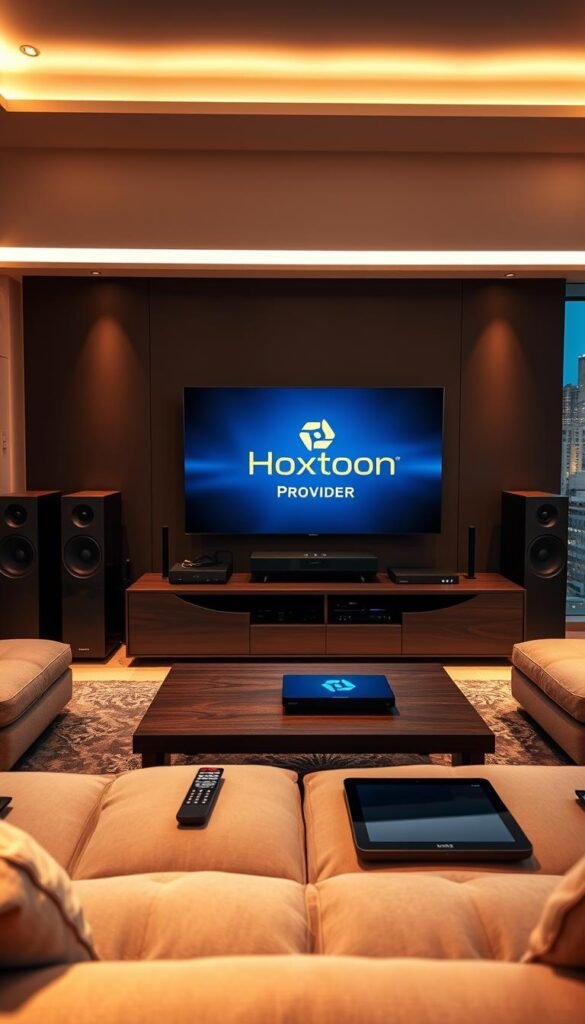 A sleek, modern living room with a large flat-screen TV displaying the Hoxtoon Provider logo. The TV is surrounded by state-of-the-art home entertainment equipment, including a high-end sound system and streaming devices. The room is bathed in warm, ambient lighting, creating a cozy and inviting atmosphere. In the foreground, a coffee table holds a remote control and a tablet, hinting at the seamless integration of IPTV technology into the home. The middle ground features plush, comfortable seating, while the background showcases large windows overlooking a cityscape, emphasizing the connection between modern technology and urban living.
