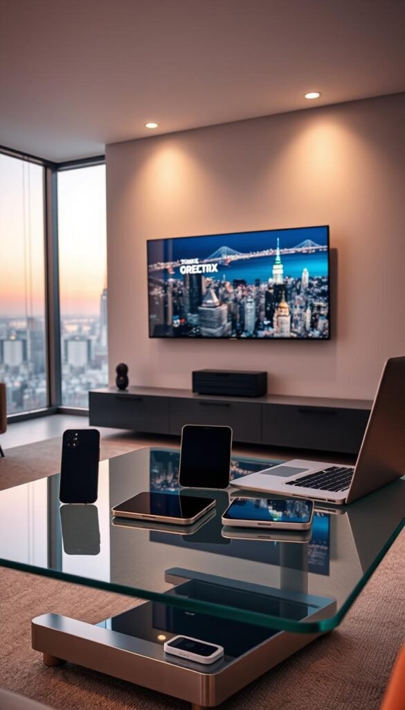 A sleek, modern living room with a large flat-screen TV mounted on the wall. In the foreground, several digital devices - a smartphone, tablet, and laptop - are neatly arranged, showcasing the multi-device compatibility of the Hoxtoon Provider streaming service. The devices are placed on a minimalist glass and steel coffee table, reflecting the room's clean, contemporary aesthetic. Soft, indirect lighting illuminates the scene, creating a warm and inviting atmosphere. The background features floor-to-ceiling windows, offering a panoramic view of a vibrant city skyline, hinting at the wide range of content available through the Hoxtoon Provider platform.