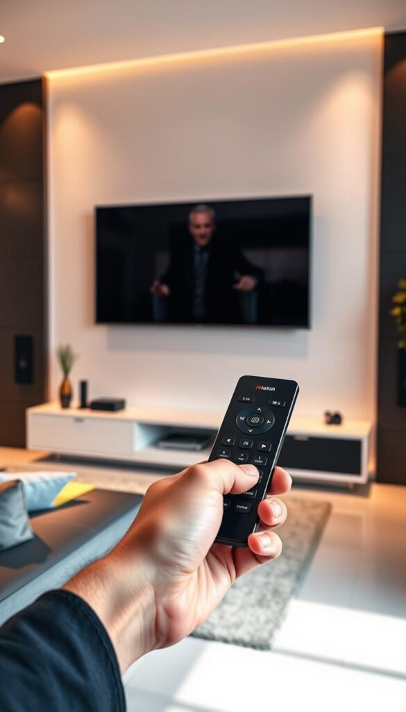 A sleek, modern living room with a large flat-screen TV mounted on the wall. In the foreground, a hand holds a premium remote control, highlighting the multi-device streaming capabilities of the "Hoxtoon Provider" IPTV service. The room is bathed in warm, ambient lighting, creating a cozy and inviting atmosphere. The background features a minimalist, yet elegant decor, with subtle hints of technological elements to emphasize the advanced nature of the IPTV system. The overall composition conveys a sense of effortless, high-quality entertainment and seamless integration into a contemporary home environment.