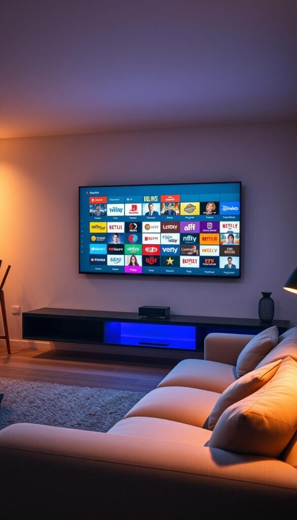 A sleek, modern living room with a large flat-screen TV mounted on the wall. On the TV screen, a diverse array of premium IPTV channels are displayed, showcasing the Hoxtoon Provider's extensive content library. The room is bathed in warm, ambient lighting, creating a cozy and inviting atmosphere. A plush, L-shaped sofa sits in the foreground, inviting viewers to relax and immerse themselves in the premium entertainment experience. The room is decorated with minimalist, contemporary furniture and decor, emphasizing the high-quality and sophisticated nature of the Hoxtoon Provider's IPTV service.