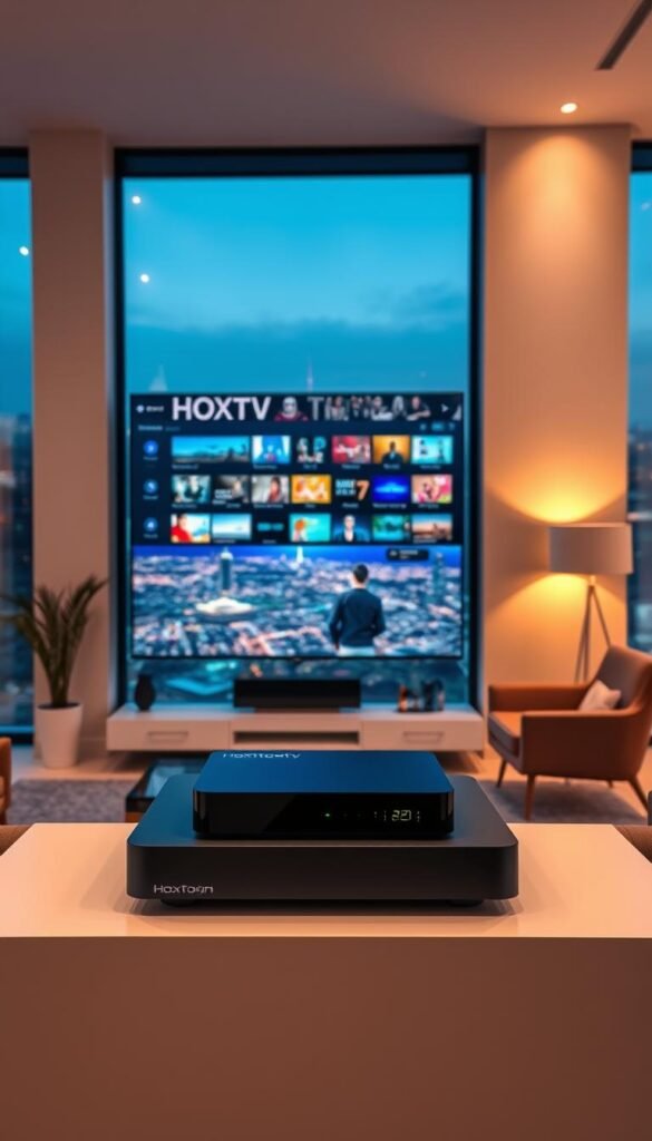A sleek, modern living room with a large flat-screen TV mounted on the wall. The room is bathed in warm, ambient lighting, creating a cozy and inviting atmosphere. In the foreground, a high-end IPTV streaming device, the Hoxtoon Provider, sits atop a minimalist entertainment center, its elegant design complementing the room's stylish decor. The screen displays a vibrant, crystal-clear image, showcasing the vast array of channels and content available through the Hoxtoon IPTV service. The middle ground features a comfortable sofa and armchair, inviting the viewer to sit back, relax, and immerse themselves in the seamless IPTV experience. In the background, large windows offer a panoramic view of a bustling city skyline, further enhancing the modern, urban feel of the scene.