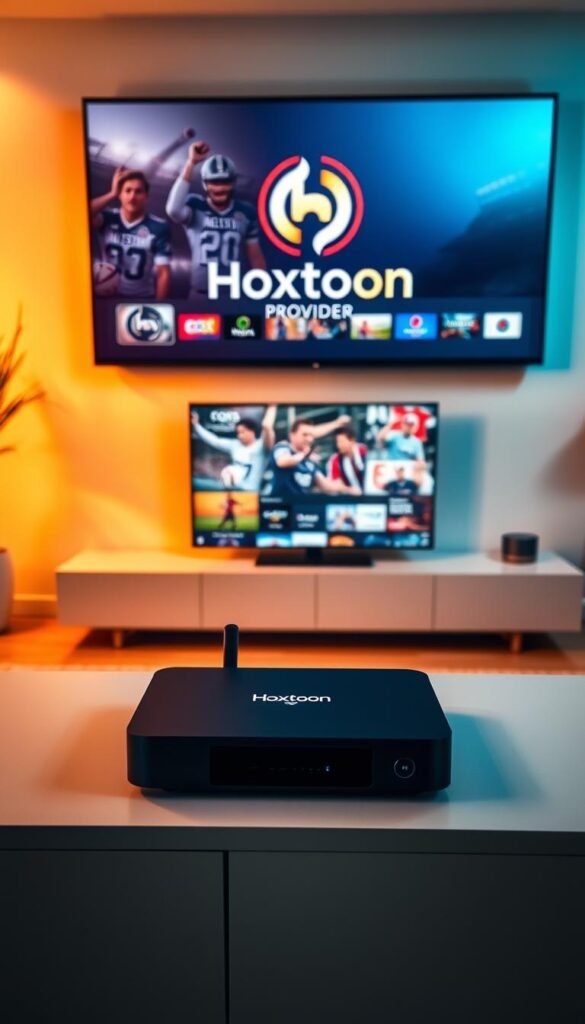 A sleek, modern living room with a large flatscreen TV displaying the Hoxtoon Provider logo against a backdrop of sports channels and programs. The room is bathed in warm, ambient lighting, creating a cozy and inviting atmosphere. In the foreground, a high-end streaming device sits prominently on a minimalist entertainment center, ready to seamlessly connect users to the Hoxtoon IPTV service and its unbeatable sports channel lineup. The overall scene conveys the ease and convenience of setting up and enjoying the Hoxtoon IPTV experience on various devices.
