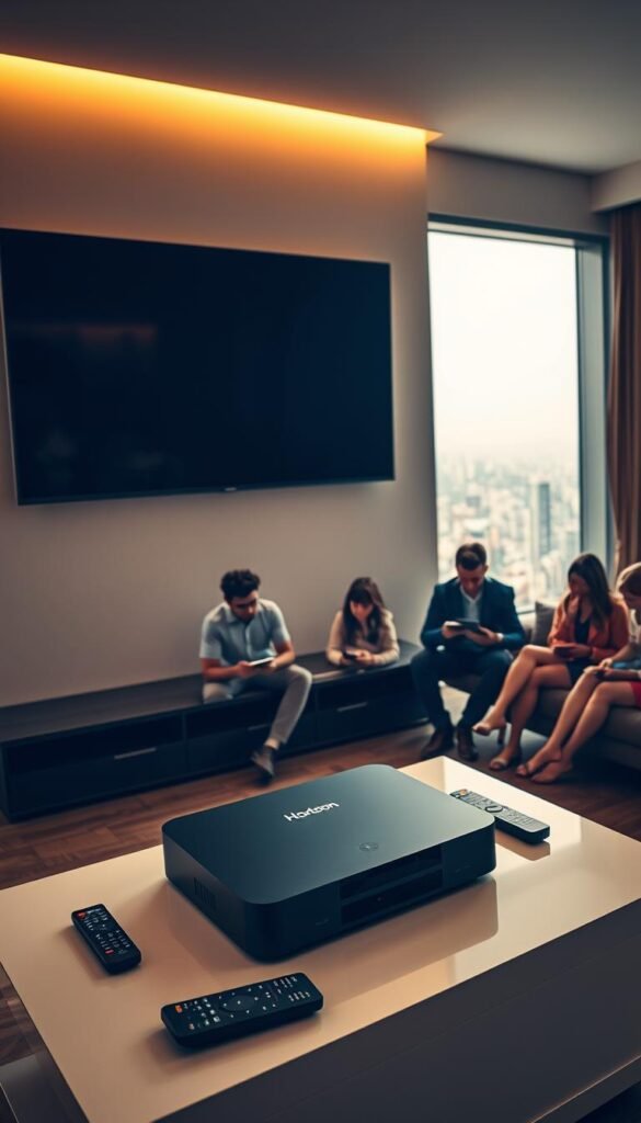 A sleek, modern living room with a large flatscreen TV mounted on the wall. In the foreground, a high-end streaming device branded "Hoxtoon Provider" sits atop a minimalist entertainment center, surrounded by various remote controls. The room is bathed in warm, diffused lighting, creating a cozy, inviting atmosphere. In the middle ground, several people of diverse ages and backgrounds are gathered, each engrossed in their own devices, seamlessly streaming content. The background features large windows overlooking a vibrant cityscape, hinting at the global reach and multi-device compatibility of the Hoxtoon IPTV service.
