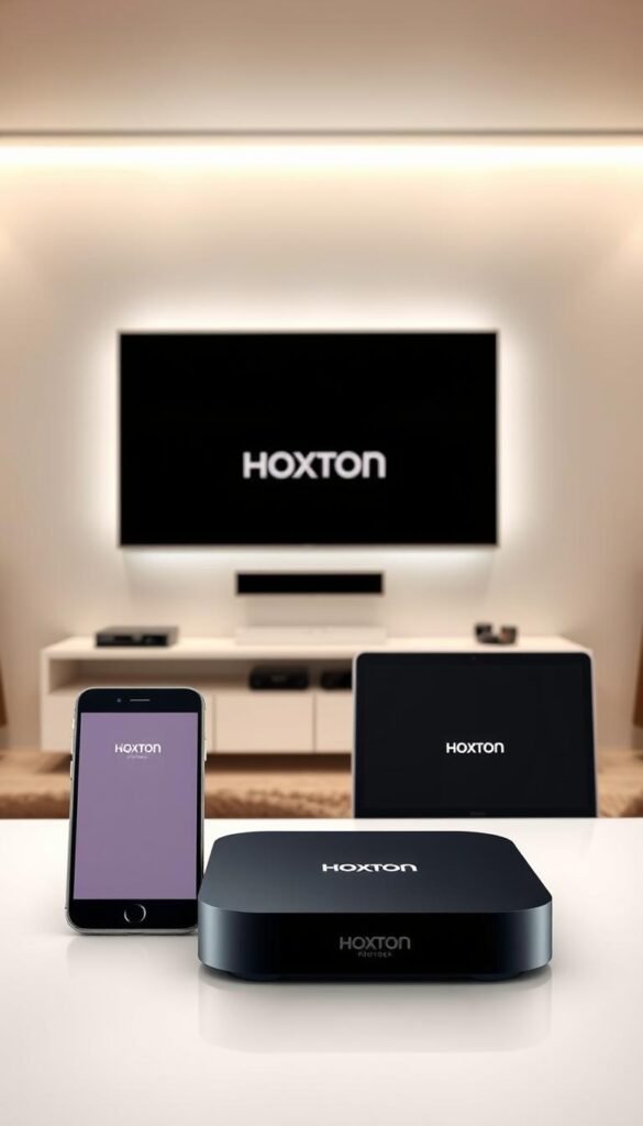 A sleek, modern living room with a large flatscreen TV mounted on the wall. In the foreground, several contemporary electronic devices are neatly arranged - a smartphone, tablet, laptop, and streaming box, all bearing the "Hoxtoon Provider" logo. Soft, diffused lighting illuminates the scene, creating a warm, inviting atmosphere. The devices are positioned to suggest seamless multi-device compatibility, allowing the viewer to visualize effortless content streaming across various platforms. The background features a minimalist, monochromatic color scheme, placing the focus on the technological prowess of the Hoxtoon Provider ecosystem.