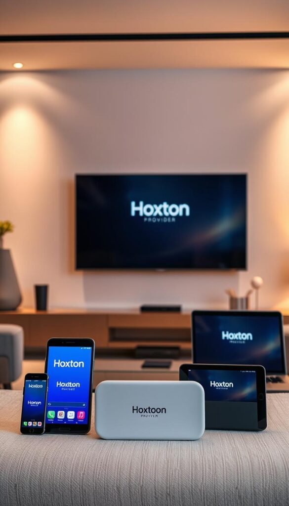A sleek, modern living room with a large flatscreen TV mounted on the wall. In the foreground, a variety of electronic devices - smartphones, tablets, laptops - are arranged artfully, showcasing the "Hoxtoon Provider" brand. The devices are connected to the TV, highlighting the seamless multi-device compatibility. The room is bathed in warm, indirect lighting, creating a cozy and inviting atmosphere. The background features a minimalist, yet stylish, interior design with clean lines and neutral tones, allowing the technology to take center stage. The overall composition conveys the versatility and convenience of the Hoxtoon Provider's streaming services, which can be accessed on multiple devices simultaneously.
