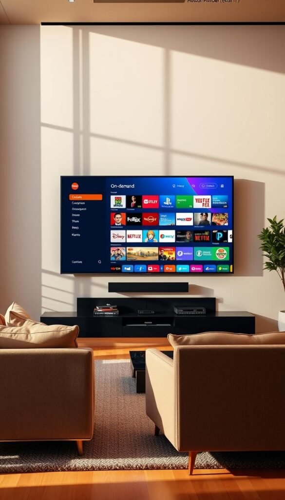 A sleek, modern living room with a large flatscreen TV mounted on the wall. The TV displays a vibrant user interface showcasing Hoxtoon Provider's smart IPTV catch-up features. The interface features crisp graphics, intuitive menus, and a wide selection of on-demand content. The room is bathed in warm, natural lighting, creating a cozy and inviting atmosphere. A comfortable sofa and armchair are positioned facing the TV, ready for an immersive viewing experience. The overall scene conveys the ease and convenience of Hoxtoon Provider's smart IPTV catch-up technology in a contemporary, high-tech setting.