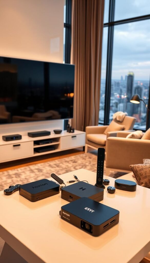 A sleek, modern living room with a large flatscreen TV prominently displayed. In the foreground, a variety of streaming devices and smart home gadgets are neatly arranged, including a Hoxtoon Provider set-top box. The middle ground features a cozy armchair and side table, suggesting a comfortable viewing experience. The background showcases large windows overlooking a vibrant cityscape, hinting at the wide array of entertainment options available beyond traditional cable. The lighting is warm and inviting, creating a welcoming atmosphere. The composition emphasizes the convenience and versatility of Hoxtoon Provider as a cable TV alternative.