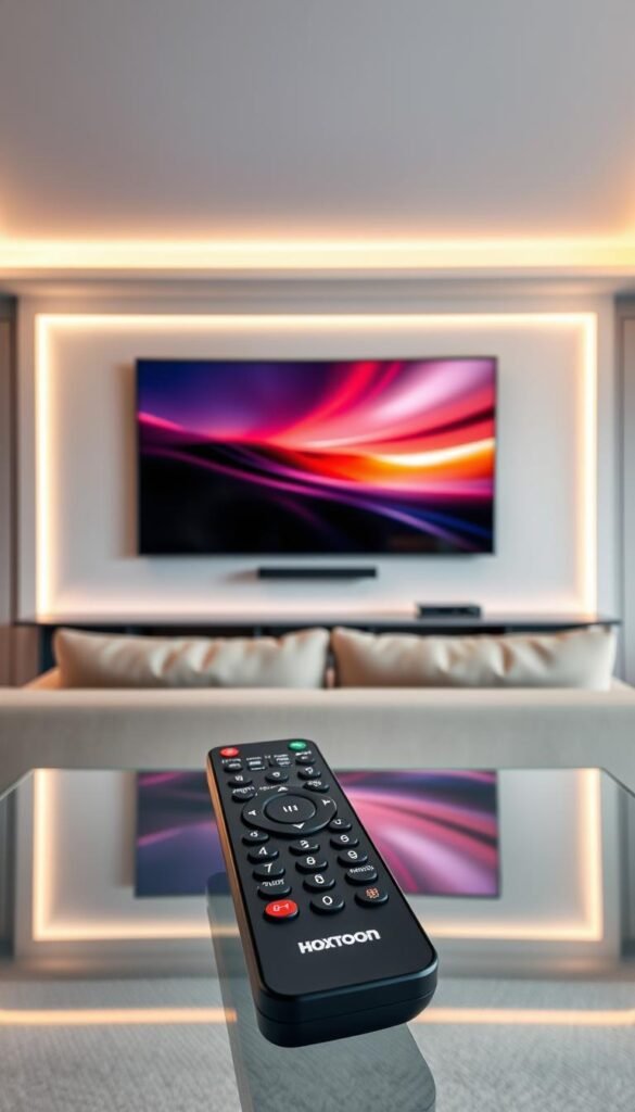 A sleek, modern living room with a large, high-definition IPTV screen mounted on the wall. Subtle ambient lighting casts a warm glow, highlighting the screen's crisp, vibrant display. In the foreground, a Hoxtoon Provider remote control rests on a minimalist glass coffee table, symbolizing the seamless IPTV experience. The middle ground features a plush, comfortable sofa facing the screen, inviting viewers to sit back and enjoy premium streaming content. The background showcases a tasteful, contemporary interior design with clean lines and neutral tones, creating a serene and sophisticated atmosphere for an immersive IPTV viewing session.