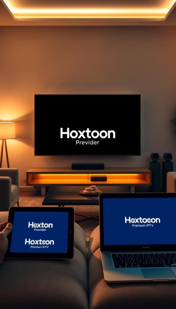 A sleek, modern living room with a large smart TV at the center, flanked by multiple devices including a tablet, smartphone, and laptop. The room is bathed in warm, ambient lighting, creating a cozy and inviting atmosphere. The Hoxtoon Provider logo prominently displayed on the devices, showcasing the brand's multi-device compatibility. The scene conveys the ease and convenience of seamlessly streaming entertainment across various platforms, emphasizing the versatility and capabilities of the Hoxtoon Premium IPTV service.