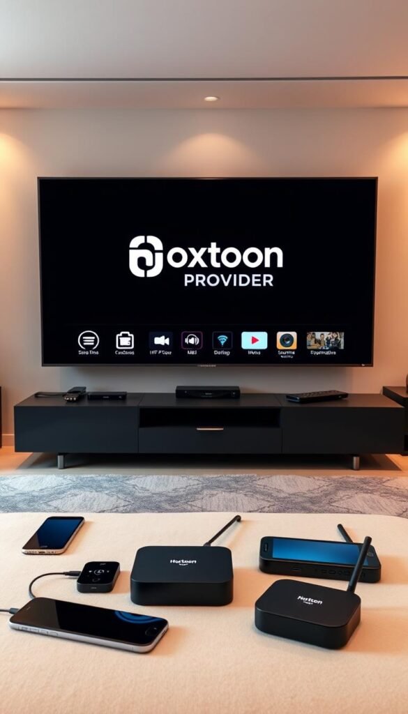 A sleek, modern living room with a large smart TV taking center stage. On the TV screen, the Hoxtoon Provider logo is prominently displayed, showcasing its multi-device support capabilities. In the foreground, various devices like smartphones, tablets, and streaming boxes are arranged neatly, connected to the TV via seamless wireless connections. The room is bathed in warm, diffused lighting, creating a cozy and inviting atmosphere. The background features minimalist decor, emphasizing the focus on the technology and its integration into the living space. The overall scene conveys the idea of a premium, versatile IPTV experience that can be enjoyed across multiple devices.