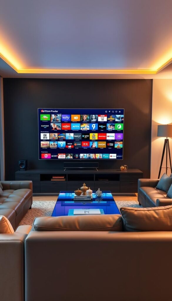 A sleek, modern living room with a premium home entertainment setup. In the center, a large, high-definition television displays a vibrant array of programming from the "Hoxtoon Provider" IPTV service, showcasing its expansive 21,000+ live channel library. The room is bathed in warm, directional lighting that accentuates the television's crisp image quality and the sophisticated home decor, including plush leather seating, a minimalist coffee table, and subtle accent pieces. The overall atmosphere conveys a sense of comfort, refinement, and unlimited entertainment possibilities.
