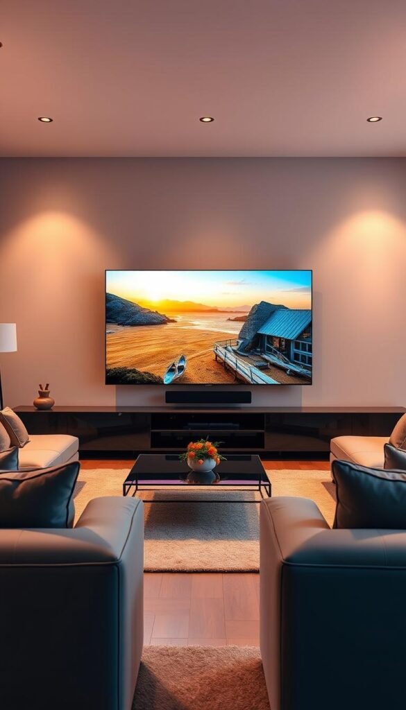 A sleek, modern living room with an expansive flat-screen TV displaying a crisp, high-definition video stream. The room is bathed in warm, ambient lighting that accentuates the high-quality picture. A Hoxtoon Provider logo is subtly visible in the lower corner of the screen. Elegant furniture and minimalist decor create a sophisticated, tech-savvy atmosphere. The viewer's gaze is drawn to the stunning visual performance, emphasizing the premium streaming experience offered by Hoxtoon.